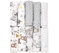 FENSILO Lot de 10 langes en mousseline pour bébé - 70 x 80 cm - Fabriquées en UE - Certifiées sans substances nocives - Pour bébé garçon et fille - Blanc avec loup et ourson