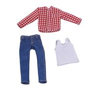 Fenteer Doll Shirt Ensemble Complet Vêtement Figurine Homme 1/12 Pantalon Veste Chemise Tissu Doux Aspect Réaliste Adapté à L'Exposition Collection Jeu Créati, Grille Rouge