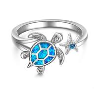 Fenthring Bague tortue de mer en argent sterling avec opale bleue et étoile de mer réglable, 8, Argent sterling, Zircone cubique
