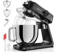 Fentic Robot Pâtissier 1800W - Bol Inox 7L - 10 Vitesses + Timer - Boîtier Alu - Crochet, Fouet, Palette - Noir