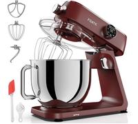 Fentic Robot Pâtissier 1800W - Bol Inox 7L - 10 Vitesses + Timer - Boîtier Alu - Crochet, Fouet, Palette - Rouge