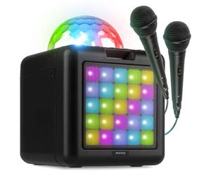 Fenton KAR15B Enceinte Karaoké Enfant Bluetooth sur Batterie avec 2 Micros - Noir, Boule Disco & Façade LED en Rythme avec la Musique, 4 Effets de Voix, Idéale pour Les Fêtes d'Anniversaires