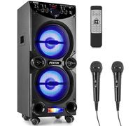 Fenton LIVE2104 - Enceinte de Soirée à LED, Idéale pour Karaoké, 400 Watts, LEDs Intégrées, SD/USB et Technologie Bluetooth, Écran de Lecture LCD, Télécommande et Deux Microphones