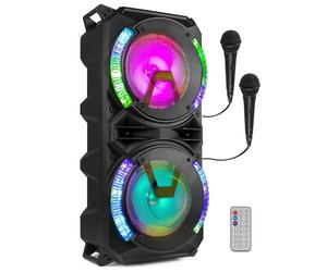 Fenton LIVE280 Enceinte Karaoke LED 2X 8”, 900W Max, 2 Microphones, Trolley et roulettes, Eclairage LED en Façade on/Off, USB et Micro SD, AUX, Connexion Bluetooth 5.0, sur Batterie ou Secteur