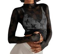 FENXIXIONE 2024 Femmes Mesh Sexy Manches Longues Hauts Transparent Col Haut Coupe Mince Fleur Chemise Dentelle Blouses, Noir , XL