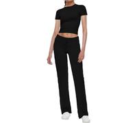 FENXIXIONE Casual Workout Two Piece Outfits for Women Short Sleeve Crop High Waist Straight Leg Pants Tracksuit Sets Streetwear (Noir,M)