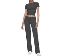 FENXIXIONE Casual Workout Two Piece Outfits for Women Short Sleeve Crop High Waist Straight Leg Pants Tracksuit Sets Streetwear (Gris2,M)