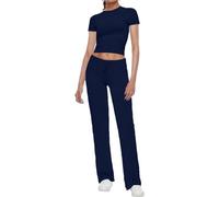 FENXIXIONE Casual Workout Two Piece Outfits for Women Short Sleeve Crop High Waist Straight Leg Pants Tracksuit Sets Streetwear (Bleu,M)