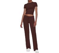 FENXIXIONE Casual Workout Two Piece Outfits for Women Short Sleeve Crop High Waist Straight Leg Pants Tracksuit Sets Streetwear (Brun,S)