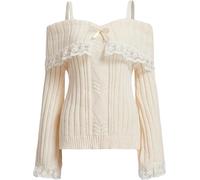 FENXIXIONE Chandails courts à épaules dénudées pour femmes pull coquette en tricot côtelé haut à manches longues en dentelle (Blanc,L)