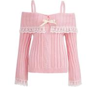 FENXIXIONE Chandails courts à épaules dénudées pour femmes pull coquette en tricot côtelé haut à manches longues en dentelle (Rose,L)