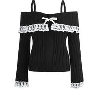 FENXIXIONE Chandails courts à épaules dénudées pour femmes pull coquette en tricot côtelé haut à manches longues en dentelle (Noir,M)