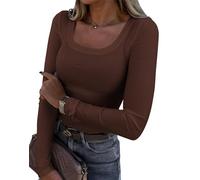FENXIXIONE Chemises à Manches Longues Chemises à Manches Longues à Encolure Carrée Tendances Stretchy Casual Lightweight Sous-pull Thermique Côtelé Tee (M,Marron foncé)