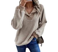 FENXIXIONE Chemises à Manches Longues pour Femmes Hauts Patchwork boutonné col en v Sweat-Shirt décontracté décontracté Automne Mode Pull (Kaki,S)