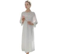 FENXIXIONE Chemises de nuit en coton victorien pour femmes, chemise de nuit à manches longues en dentelle, vêtements de détente doux, pyjama, chemise de nuit (Blanc,L)