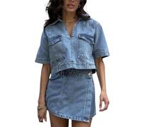 FENXIXIONE Ensemble de jupes en jean pour femme 2 pièces Y2K à manches courtes et col en V T-shirt court et mini jupe en jean taille haute, bleu, M
