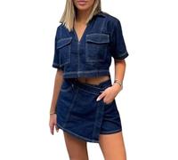 FENXIXIONE Ensemble de jupes en jean pour femme 2 pièces Y2K à manches courtes et col en V T-shirt court et mini jupe en jean taille haute, noir foncé, S