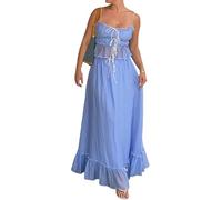 FENXIXIONE Femmes 2 Pièces Tie-Up Ensemble Camisoles Patchwork Jupe et Maxi à Volants et Jupe Maxi Spaghetti à volants froncés Ensemble assorti - Jupe de plage (S,Bleu)
