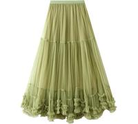 FENXIXIONE Femmes Fée Princesse Sucrée Jupes Maxi Tulle à volants Demi-robe tutu Grand balançoire Jupe longueur cheville (Taille unique,Vert)