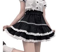 FENXIXIONE Femmes harajuku lolita mode kawaii goth vêtements élastique taille haute a-ligne vintage dentelle superposée jupe courte (Noir,XL)