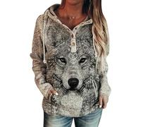 FENXIXIONE Femmes Motif Hibou Sweat à Capuche Style Ethnique Occidental Imprimé Loup Sweat à Capuche Animal Manches Longues Pull Top Avec Poche (M,# 5)