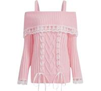 FENXIXIONE Femmes y2k pull en tricot à épaules dénudées à manches longues garniture en dentelle pull tricoté chandails arc cardigan streetwear (Rose,XL)