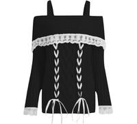 FENXIXIONE Femmes y2k pull en tricot à épaules dénudées à manches longues garniture en dentelle pull tricoté chandails arc cardigan streetwear (Noir,M)