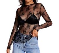 FENXIXIONE Hauts en dentelle pour femmes Manches longues Top en maille Col Mock Chemisier transparent Transparent Chemise en dentelle Top superposé (XL,Noir)