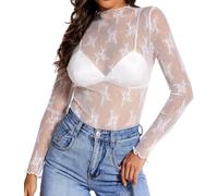 FENXIXIONE Hauts en dentelle pour femmes Manches longues Top en maille Col Mock Chemisier transparent Transparent Chemise en dentelle Top superposé (XL,Blanc)