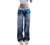 FENXIXIONE Jeans Taille Basse Pour Femmes Rétro Boyfriend Lettre Imprimée Pantalon En Jean Y2K Straight Baggy Pantalon Large Jean De Maman Streetwear (S,C-bleu)