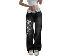 FENXIXIONE Jeans Taille Basse Pour Femmes Rétro Boyfriend Lettre Imprimée Pantalon En Jean Y2K Straight Baggy Pantalon Large Jean De Maman Streetwear (L,C-noir)