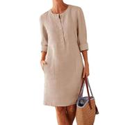 FENXIXIONE Lin Robe Midi Pour Femmes Avec Poches Manches 3/4 Coton Robe Droite Longueur Du Genou Robes Longues Pour Femmes Été Décontracté (5XL,Kaki)