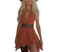 FENXIXIONE Mini Robe Boho Western Cowgirl pour Femmes Sexy Bretelles Spaghetti col en v Profond Robes occidentales Vintage Cravate Devant Garniture en Dentelle (Marron,TG)