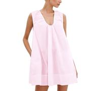 FENXIXIONE Mini robe nuisette à col rond pour femme, robe courte fluide sans manches, robe d'été froncée ample avec poches, rose, L