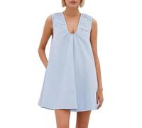FENXIXIONE Mini robe nuisette à col rond pour femme, robe courte fluide sans manches, robe d'été froncée ample avec poches, bleu, XL