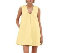 FENXIXIONE Mini robe nuisette à col rond pour femme, robe courte fluide sans manches, robe d'été froncée ample avec poches, jaune, XXL