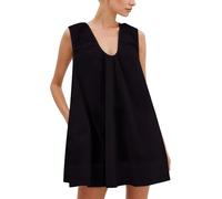 FENXIXIONE Mini robe nuisette à col rond pour femme, robe courte fluide sans manches, robe d'été froncée ample avec poches, Noir , XXL