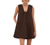 FENXIXIONE Mini robe nuisette à col rond pour femme, robe courte fluide sans manches, robe d'été froncée ample avec poches, marron, L