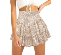 FENXIXIONE Paillettes Pour Femmes Jupe à Volants Taille Haute Paillettes Jupe Fluide Superposée Mini Jupe Brillante Short Intégré (S,Champagne)