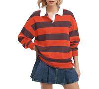 FENXIXIONE Polo rayé à manches longues pour femme Col surdimensionné Y2K Pull T-shirt décontracté ample Streetwear Rugby Sweatshirt, Rouge-a, L
