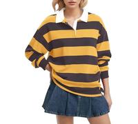 FENXIXIONE Polo rayé à manches longues pour femme Col surdimensionné Y2K Pull T-shirt décontracté ample Streetwear Rugby Sweatshirt, jaune, XL