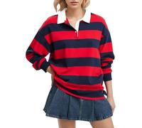 FENXIXIONE Polo rayé à manches longues pour femme Col surdimensionné Y2K Pull T-shirt décontracté ample Streetwear Rugby Sweatshirt, Rouge, S