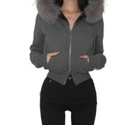 FENXIXIONE Y2k Sweat à capuche court à manches longues avec bordure en fausse fourrure pour femme, veste zippée avec capuche en fourrure, gris, M