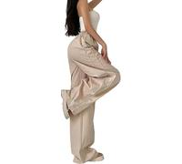 FENXIXIONE Y2k Track Pants Women Pantalon Baggy Noir Parachute Pantalon élastique à Taille Haute Et à Jambe Large Pantalon Pantalon (S,Beige)