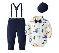 FEOAY Garçon Chemise Pantalon Béret Mariage Longues Manches Petit Garçon Ensemble De Vêtements De Baptême Dinosaure Enfant 3Pcs Ensemble D'Anniversaire Gentleman Bébé Fête Automne 03 Bleu 12 18 Mois