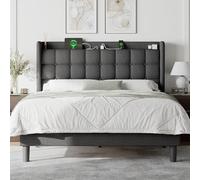 Feonase Cadre de lit complet avec station de charge, cadre de lit plateforme rembourré avec tête de lit à ailettes, pas besoin de sommier tapissier, assemblage facile, gris foncé