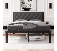 Feonase Cadre de lit en métal, meuble de chambre à coucher à plateforme robuste avec tête de lit rembourrée en lin, espace de rangement de 30,5 cm, support à lattes en acier, pas besoin de sommier