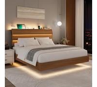 Feonase Cadre de lit Flottant Complet avec lumières LED et Station de Charge, Cadre de lit Double en Bois avec tête de lit, Lattes en métal Robuste, Pas Besoin de sommier tapissier, Assemblage Facile