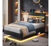 Feonase Cadre de lit Flottant Double avec lumières LED et Station de Charge, Cadre de lit Double en Bois avec tête de lit, Lattes en métal Robuste, Pas Besoin de sommier tapissier, Assemblage Facile