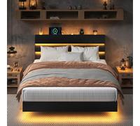 Feonase Cadre de lit flottant pour grand lit avec lumières LED et station de charge, cadre de lit en bois avec tête de lit, lattes en métal robuste, pas besoin de sommier tapissier, assemblage facile